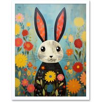 Artery8 Wall Art Print Funny Bunny Modern Floral Rabbit Animal Artwork for Kids Bedroom or Baby Nursery Art Framed in White | Size: W12" x H16"