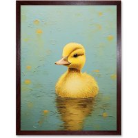 Artery8 Wall Art Print Duckling on the Water Oil Painting Yellow & Duck Egg Blue Baby Art Framed in Brown | Size: W12" x H16"