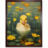 Artery8 Wall Art Print Whirlpool Duckling Lily Pads & Flowers Kids Bedroom Nursery Artwork Art Framed in Brown | Size: W12" x H16"
