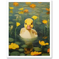 Artery8 Wall Art Print Whirlpool Duckling Lily Pads & Flowers Kids Bedroom Nursery Artwork Art Framed in White | Size: W12" x H16"