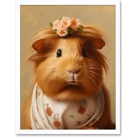Artery8 Wall Art Print Cute Dressed Up Guinea Pig Girls Bedroom Artwork Art Framed in White | Size: W12" x H16"