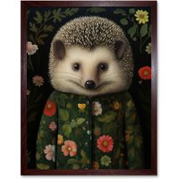 Artery8 Wall Art Print Hedgehog in Hedgerow Floral Jacket Cute Kids Bedroom Artwork Art Framed in Brown | Size: W12" x H16"