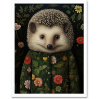 Artery8 Wall Art Print Hedgehog in Hedgerow Floral Jacket Cute Kids Bedroom Artwork Art Framed in White | Size: W12" x H16"