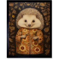 Artery8 Wall Art Print Autumn Hedgehog in Sunflower Robe Modern Artwork Art Framed in Black | Size: W12" x H16"