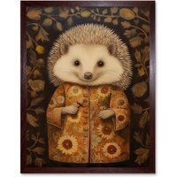 Artery8 Wall Art Print Autumn Hedgehog in Sunflower Robe Modern Artwork Art Framed in Brown | Size: W12" x H16"
