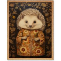 Artery8 Wall Art Print Autumn Hedgehog in Sunflower Robe Modern Artwork Art Framed in Light Oak | Size: W12" x H16"