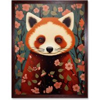 Artery8 Wall Art Print Red Panda Cute Tree Blossom Kids Bedroom Artwork Art Framed in Brown | Size: W12" x H16"