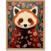 Wall Art Print Panda Cute Tree Blossom Bedroom Artwork Art Framed Light Oak W12" x H16"