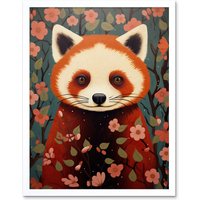 Artery8 Wall Art Print Red Panda Cute Tree Blossom Kids Bedroom Artwork Art Framed in White | Size: W12" x H16"