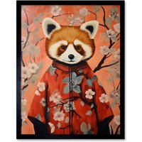 Artery8 Wall Art Print Red Panda in Kimono Cherry Blossom Trees Japan Art Framed in Black | Size: W12" x H16"