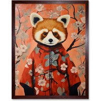 Artery8 Wall Art Print Red Panda in Kimono Cherry Blossom Trees Japan Art Framed in Brown | Size: W12" x H16"