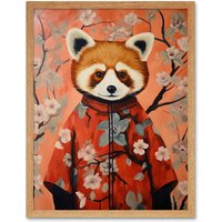 Artery8 Wall Art Print Red Panda in Kimono Cherry Blossom Trees Japan Art Framed in Light Oak | Size: W12" x H16"