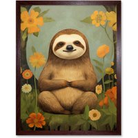 Artery8 Wall Art Print Smiling Sloth Meditating in Forest Flowers Kids Bedroom Artwork Art Framed in Brown | Size: W12" x H16"