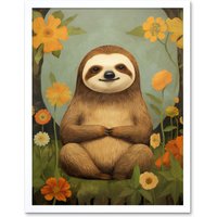 Artery8 Wall Art Print Smiling Sloth Meditating in Forest Flowers Kids Bedroom Artwork Art Framed in White | Size: W12" x H16"