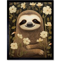 Artery8 Wall Art Print Sloth with Jasmine & Anemone Flowers Elegant Artwork Art Framed in Black | Size: W12" x H16"