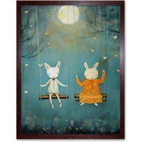Artery8 Wall Art Print Rabbits on a Swing with Moonlit Butterflies Calming Baby Nursery Artwork Art Framed in Brown | Size: W12" x H16"