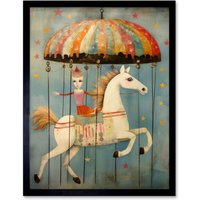 Artery8 Wall Art Print Folk Art Whimsical Carousel Fairground Kids Girls Bedroom Artwork Soft Pastel Horse Art Framed in Black | Size: W12" x H16"