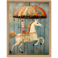 Artery8 Wall Art Print Folk Art Whimsical Carousel Fairground Kids Girls Bedroom Artwork Soft Pastel Horse Art Framed in Light Oak | Size: W12" x H16"