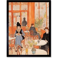 Artery8 Wall Art Print A Bustling Parisian Cafe in the Style of Toulouse Lautrec Paris French Orange Art Framed in Black | Size: W12" x H16"