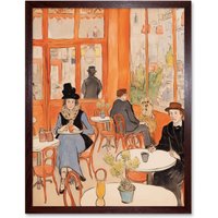 Artery8 Wall Art Print A Bustling Parisian Cafe in the Style of Toulouse Lautrec Paris French Orange Art Framed in Brown | Size: W12" x H16"
