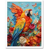 Artery8 Wall Art Print Vibrant Macaw Parrot Heavy Oil Paint with Butterflies & Flowers High Texture Artwork Art Framed in White | Size: W12" x H16"