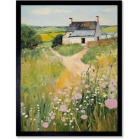Artery8 Wall Art Print Country Farmhouse Cottage Scene Traditional Landscape Oil Painting Meadows Countryside Summer Art Framed | Size: W12" x H16"