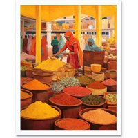 Artery8 Wall Art Print The Spice Market Asian Herbs & Spices Colourful Kitchen Artwork Art Framed in White | Size: W12" x H16"