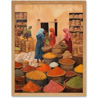 Artery8 Wall Art Print Traditional Rural Indian Food Market Watercolour Artwork Spices Herbs Art Framed in Light Oak | Size: W12" x H16"