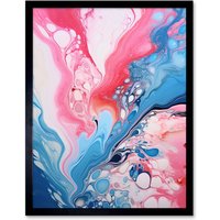 Artery8 Wall Art Print Fluid Paint Acrylic Pouring Abstract Artwork Pink Blue Flowing Colours Art Framed in Black | Size: W12" x H16"
