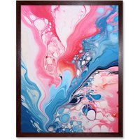 Artery8 Wall Art Print Fluid Paint Acrylic Pouring Abstract Artwork Pink Blue Flowing Colours Art Framed in Brown | Size: W12" x H16"