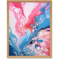 Artery8 Wall Art Print Fluid Paint Acrylic Pouring Abstract Artwork Pink Blue Flowing Colours Art Framed in Light Oak | Size: W12" x H16"