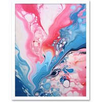 Artery8 Wall Art Print Fluid Paint Acrylic Pouring Abstract Artwork Pink Blue Flowing Colours Art Framed in White | Size: W12" x H16"