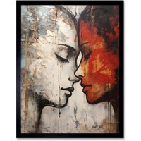 Artery8 Wall Art Print Affection Thick Paint Oil Painting Red Bold Blue Gay Lovers Emotional Connection Women Love Lesbian Art Framed