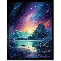 Artery8 Wall Art Print Purple Aurora Borealis Dawn in Antarctica Oil Painting Blue Green Enchanting Arctic Ice Fantasy Landscape Art Framed