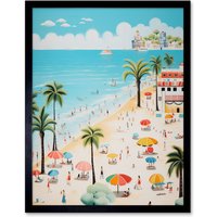 Artery8 Wall Art Print Day at the Beach Summer Holidays Stylised Artwork Pastel Colour Vacation Tourists Coastal Landscape Art Framed