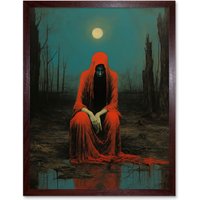 Artery8 Wall Art Print Charon in Red Cloak Beksinski Inspired Conceptual Artwork Full Moon Barren Landscape Art Framed in Brown | Size: W12" x H16"