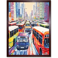 Artery8 Wall Art Print The Bus Lane by Adrienne Finch Busy Cityscape Traffic Artwork London New York LA Art Framed in Brown | Size: W12" x H16"