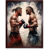 Artery8 Wall Art Print Cage Fight Oil Paint Artwork Combat Mixed Martial Arts Boxing Wrestling Art Framed in Brown | Size: W12" x H16"