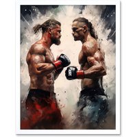 Artery8 Wall Art Print Cage Fight Oil Paint Artwork Combat Mixed Martial Arts Boxing Wrestling Art Framed in White | Size: W12" x H16"