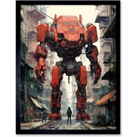 Artery8 Wall Art Print Red Mecha Robot in City Street Anime Sci-Fi Artwork Giant Humanoid Machine Fantasy Science Fiction Art Framed
