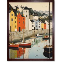 Artery8 Wall Art Print Dartmouth Harbour Boats Watercolour Painting Devon Scenic River Dart Townscape Art Framed in Brown | Size: W12" x H16"