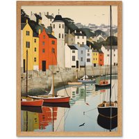 Artery8 Wall Art Print Dartmouth Harbour Boats Watercolour Painting Devon Scenic River Dart Townscape Art Framed in Light Oak | Size: W12" x H16"