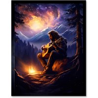 Artery8 Wall Art Print Playing Guitar By A Campfire Oil Painting Purple Orange Storm Brewing in Mountain Forest Landscape Art Framed