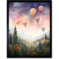 Artery8 Wall Art Print Hot Air Balloons Over Misty Forest Landscape Watercolour Painting Orange Green Purple Dreamy Dusk Sky Stars Kids Bedroom Art