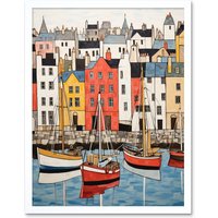 Artery8 Wall Art Print Colourful Town Harbour Acrylic Painting Red Yellow Blue Fishing Boats Coastal Townscape Art Framed in White | Size: W12" x H16"