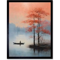 Artery8 Wall Art Print Canoe Boat on Misty Lake Oil Painting Landscape Blue Pink Blossom Tree Early Morning Art Framed in Black | Size: W12" x H16"