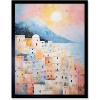 Artery8 Wall Art Print Santorini Whitewashed Buildings Pastel Colour Oil Painting Orange Pink Blue Sunrise Fira Coastal City Art Framed