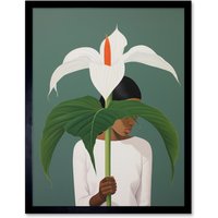 Artery8 Wall Art Print Giant Peace Lily Showcase Realistic Oil Painting White Teal Green Woman with Flower Minimalist Artwork Art Framed