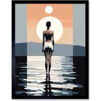Artery8 Wall Art Print The Sea is Calling Modern Abstract Minimalist Artwork Sun & Moon Art Framed in Black | Size: W12" x H16"