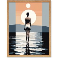 Artery8 Wall Art Print The Sea is Calling Modern Abstract Minimalist Artwork Sun & Moon Art Framed in Light Oak | Size: W12" x H16"
